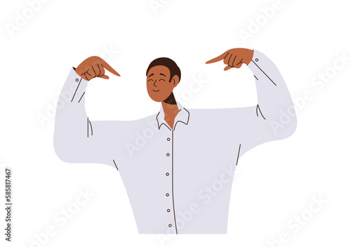 Satisfied successful young man character smiling happily and pointing at himself with both hands