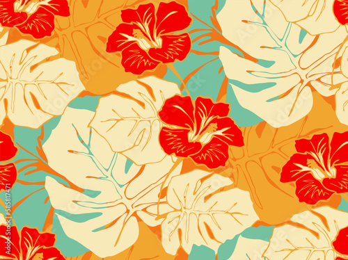 jungle hibiscus exotic floral pattern vivid retro colors shades