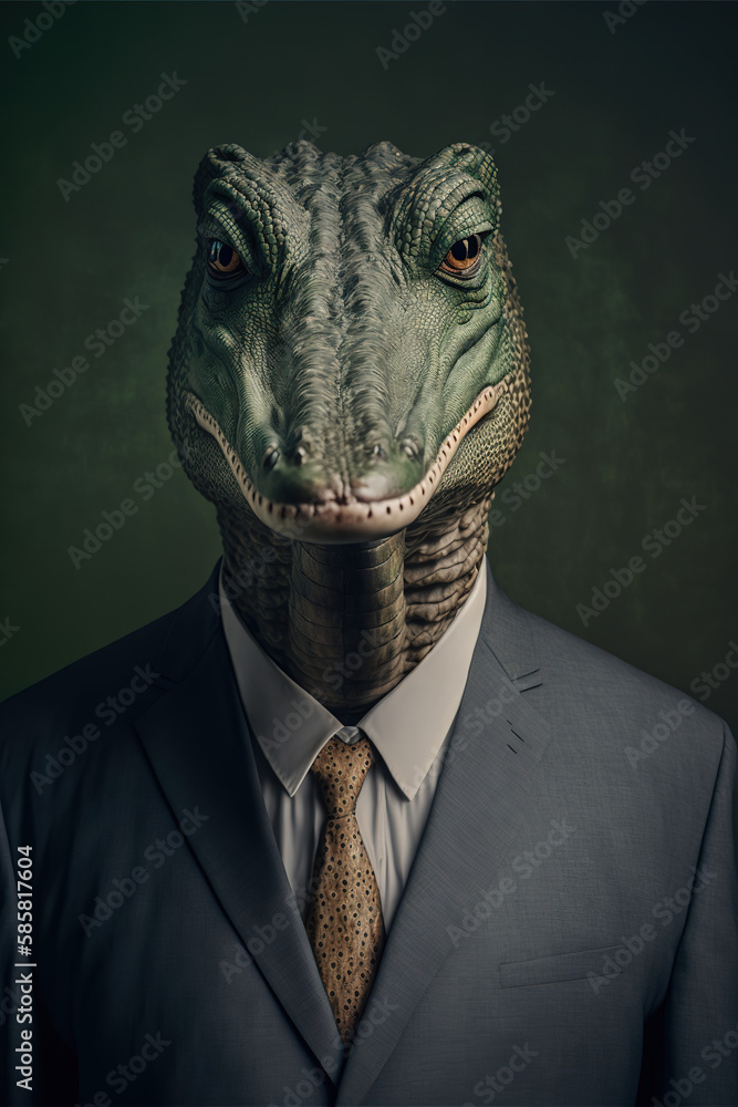 Anthropomorphic Alligator dressed in a suit like a businessman. Business Concept. AI generated Anthropomorphic Alligator dressed in a suit like a businessman. Business Concept. AI generated
