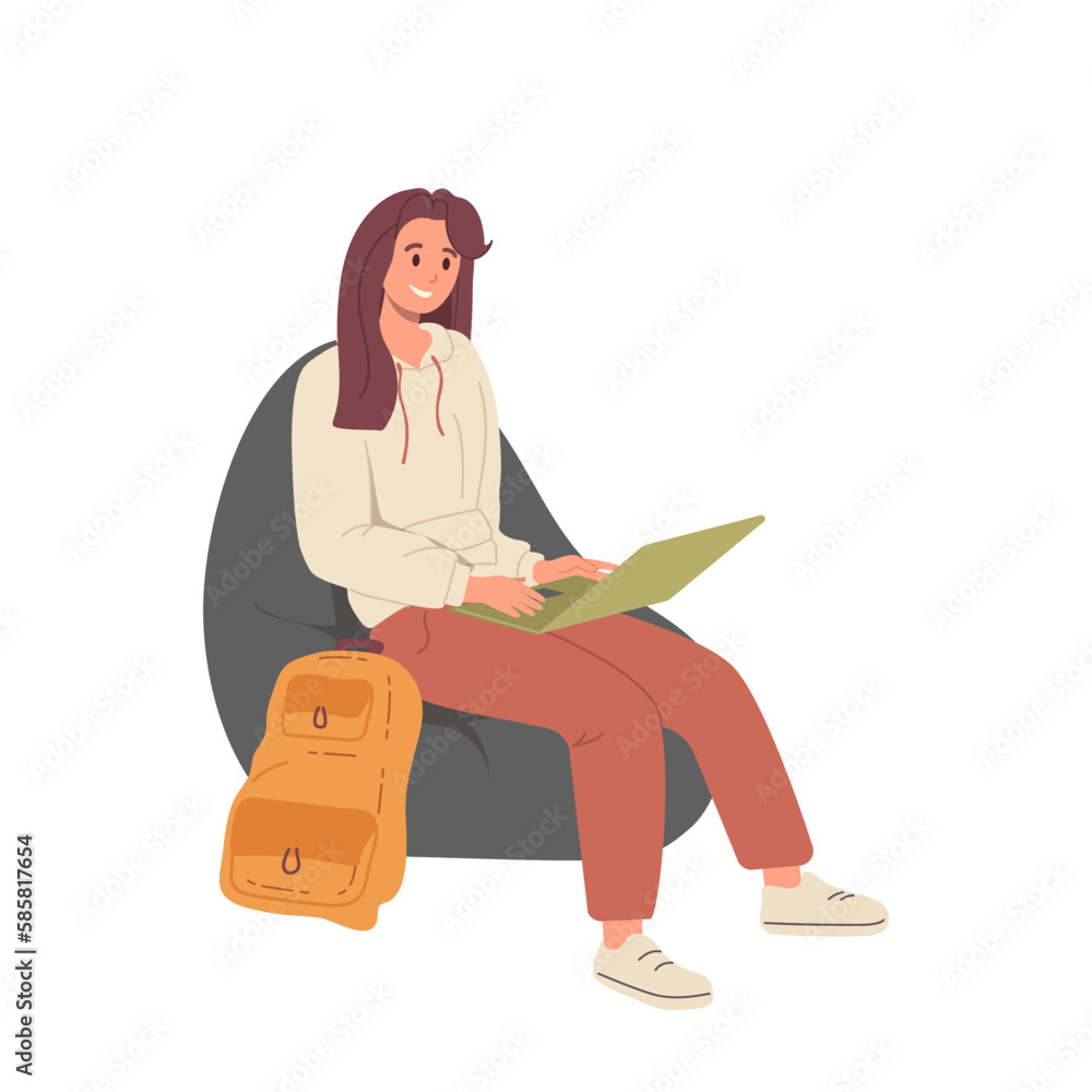 Young female student using laptop computer for education or freelance work vector illustration Young female student using laptop computer for education or freelance work vector illustration
