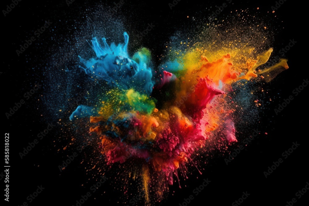 Colourful paint splashes in the shape of a love heart, Coloured powder explosion. Paint holi, Mix rainbow splash on isolated black background - Generative AI Illustration