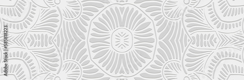 Banner, cover design. Embossed ethnic geometric 3D pattern on a white background. Ornaments handmade East, Asia, India, Mexico, Aztecs, Peru. Artistic style of doodling and zentagle.