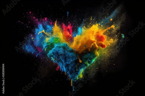 Colourful paint splashes in the shape of a love heart  Coloured powder explosion. Paint holi  Mix rainbow splash on isolated black background - Generative AI Illustration