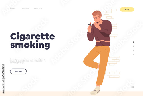 Cigarette smoking landing page design template with young man character enjoys deep smoke inhaling