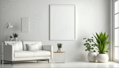 White blank poster mockup in living, scandinavian style, Generative ai