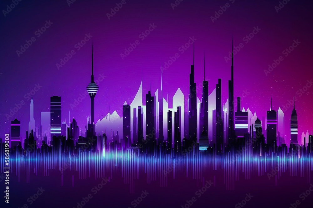 Purple future modern cityscape with town building skyscrapers and neon glow city lights. Generative AI
