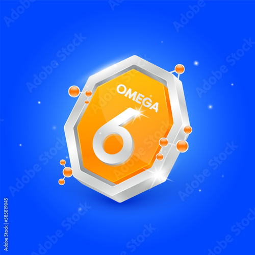 Omega 6 in octagon orange shape and atom around. Logo label nutrition 3D silver isolated on blue background. Used for products food design. Fish oil polyunsaturated fatty nutrient. Vector EPS10.