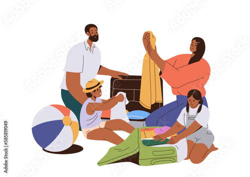 Happy family couple with kids packing suitcase luggage bag preparing for travel or relocation