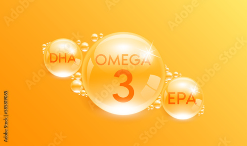Drop water fish oil omega 3 DHA EPA orange. Polyunsaturated fatty nutrient. Vitamins complex from nature. Water drop isolated on yellow background. Medical concepts. 3D Realistic Vector EPS10.