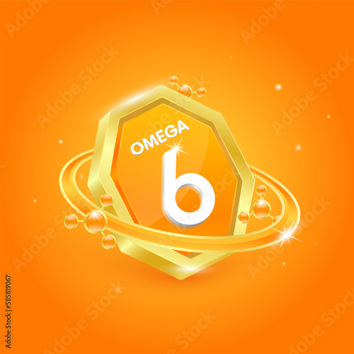 Omega 6 in octagon orange shape and atom orbit around. Logo label nutrition 3D gold. Used for products food design. Fish oil polyunsaturated fatty nutrient. Isolated Vector EPS10.