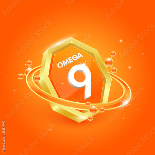 Omega 9 in octagon orange shape and atom orbit around. Logo label nutrition 3D gold. Used for products food design. Fish oil polyunsaturated fatty nutrient. Isolated Vector EPS10.