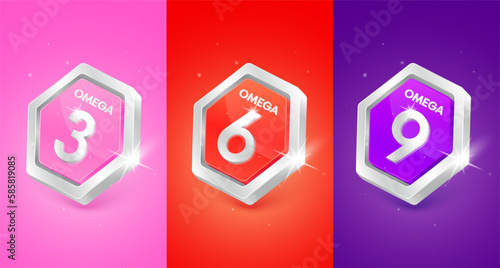 Omega 3,6,9 in hexagon shape red purple pink. Logo label nutrition 3D silver isolated. Used for products food design. Fish oil polyunsaturated fatty nutrient. Vector EPS10.