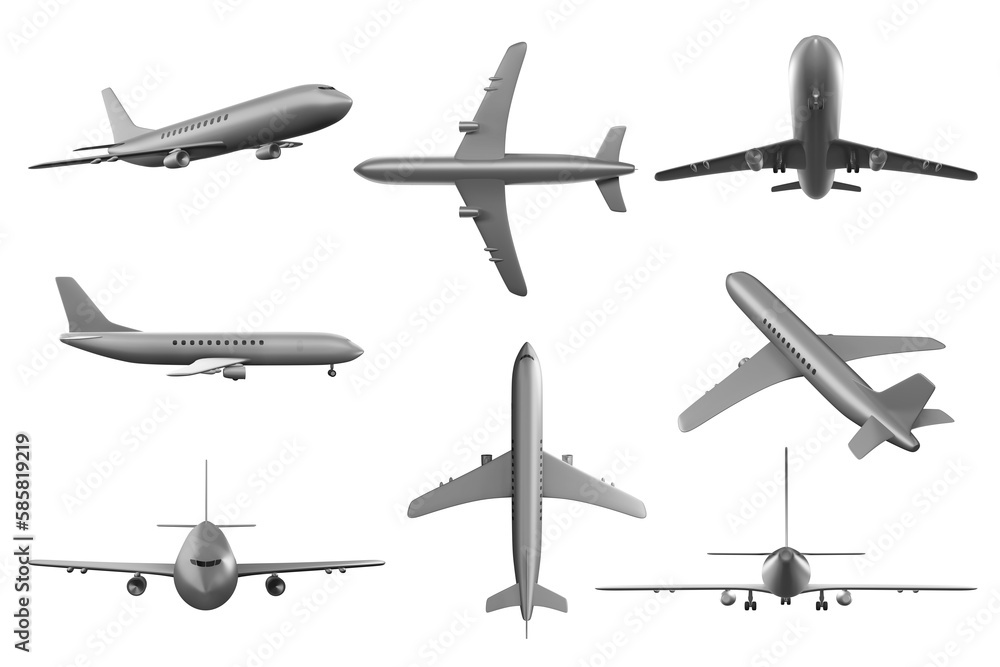 Set of airplane collection isolated on white background 3d illustration