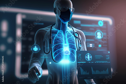 Doktor mit Stethoskop, unterschiedliche holografische Anzeigen. wissenschaftliche Darstellung.