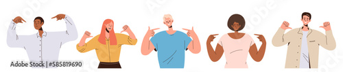 Set of diverse young people character pointing at themselves feeling pride and accomplishment