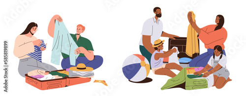 Happy people character packing suitcase for travelling during summer vacation sitting on floor