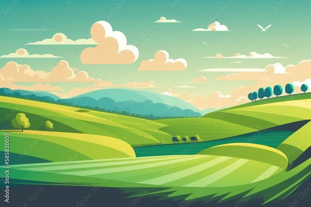 Beautiful green hills, mountains, sky and clouds in cartoon style. Generative AI