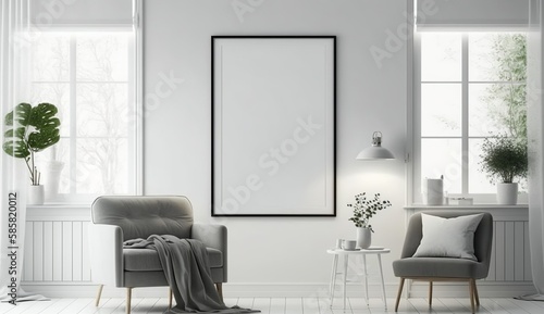 White blank poster mockup in living  scandinavian style  Generative ai