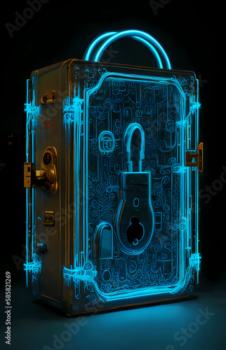 Cybersicherheit und Schutz privater Informationen und Datenkonzept. Blauer Tresor. Firewall vor Hackerangriff.