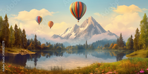 Hot air balloons flying through the sky above beautiful nature landscape.