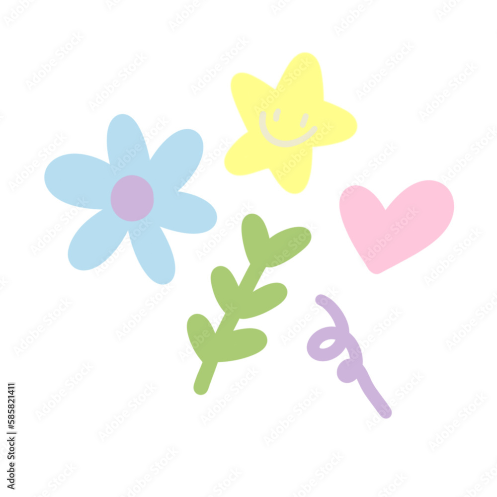 Cute pastel color hand-drawn flower, heart, leaf and star element illustration graphic. Png file