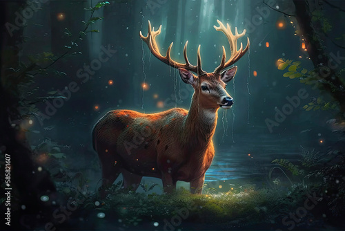 Generative AI illustration. Realistic red deer in a fantasy magical forest with sparkling lights.