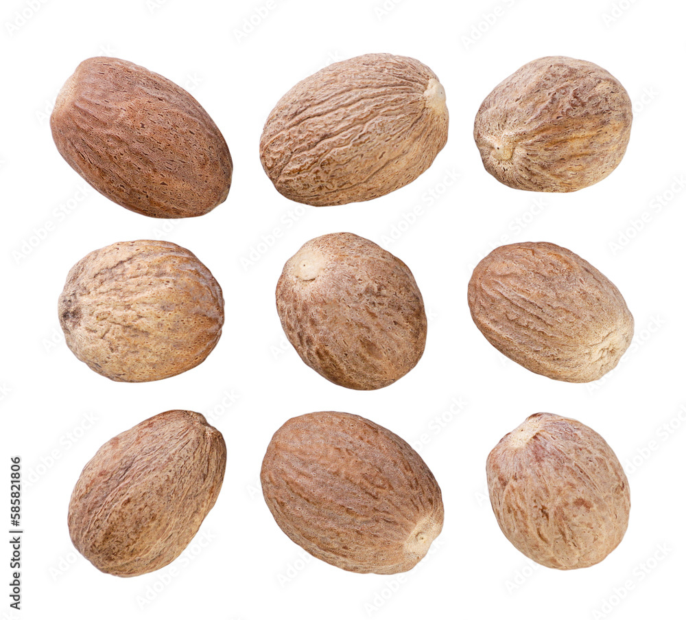 Set of nutmeg from different sides on a white background. Isolated