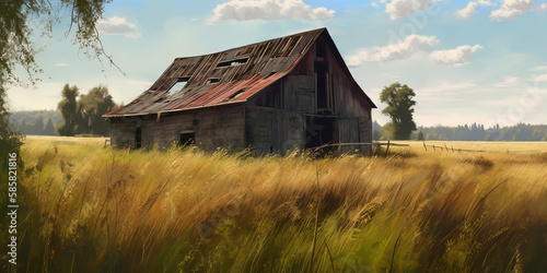 An old barn in a tall grass field on a hot summer day.