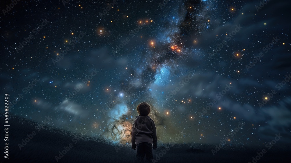 a boy looking at night starry sky with glitter glow galaxy flicker above, idea for prayer of hope, love, peace theme, Generative Ai	
