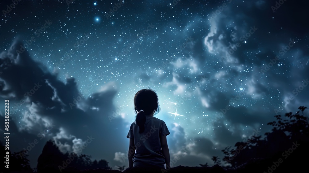 a girl looking at night starry sky with glitter glow galaxy flicker above, idea for prayer of hope, love, peace theme, Generative Ai
a girl looking at night starry sky with glitter glow galaxy flicker above, idea for prayer of hope, love, peace theme, Generative Ai