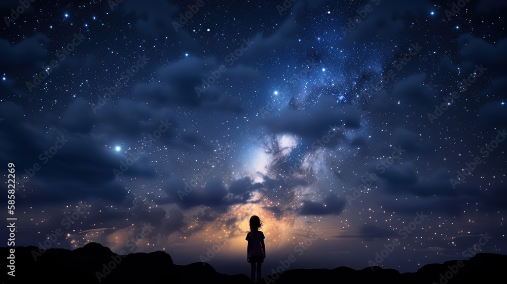 a girl looking at night starry sky with glitter glow galaxy flicker above, idea for prayer of hope, love, peace theme, Generative Ai	
