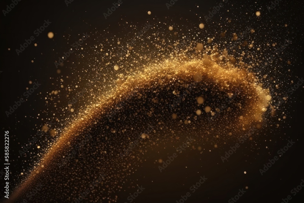 Abstract bokeh of glitter particles on dark backdrop. Gold glitter dust defocused texture. Generative AI Abstract bokeh of glitter particles on dark backdrop. Gold glitter dust defocused texture. Generative AI