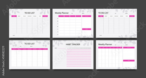 Set of simple planners. Weekly, to-do list, daily, notes, tracker, оrganizer page, planner template. Vector illustration.