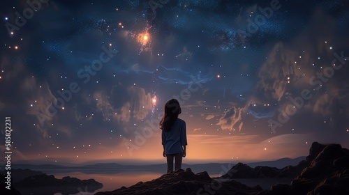 a girl looking at night starry sky with glitter glow galaxy flicker above, idea for prayer of hope, love, peace theme, Generative Ai 