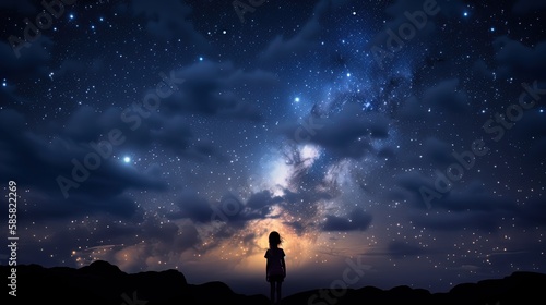 a girl looking at night starry sky with glitter glow galaxy flicker above, idea for prayer of hope, love, peace theme, Generative Ai   © QuietWord