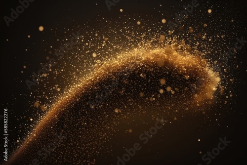 Abstract bokeh of glitter particles on dark backdrop. Gold glitter dust defocused texture. Generative AI