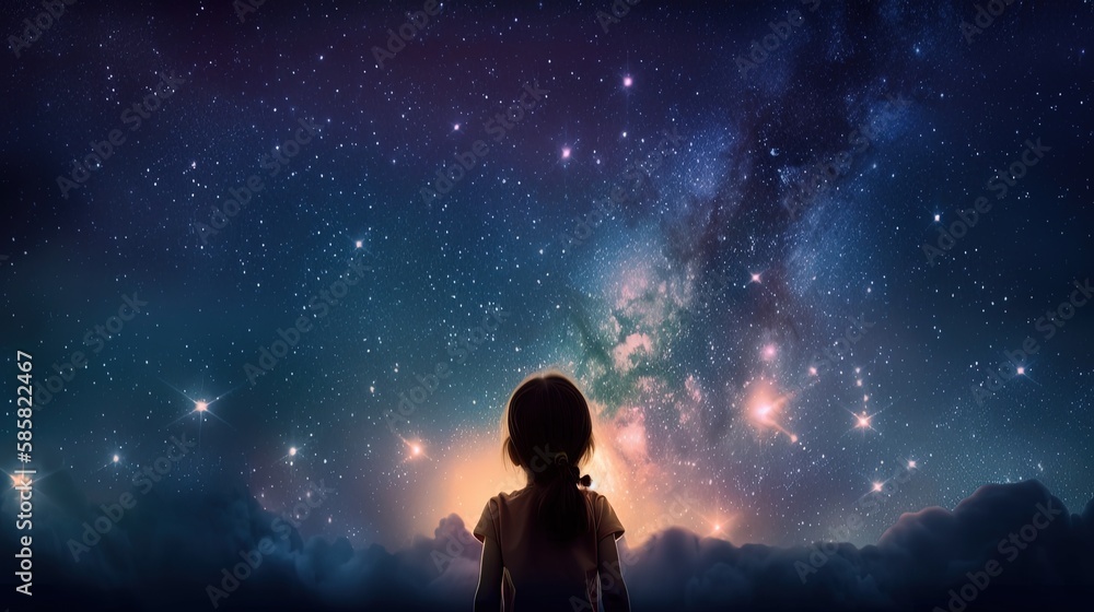 a boy looking at night starry sky with glitter glow galaxy flicker above, idea for prayer of hope, love, peace theme, Generative Ai	
