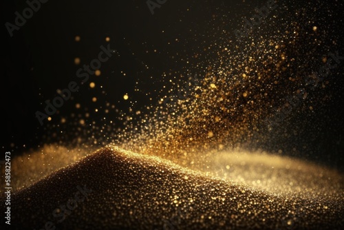 Bokeh of golden particles on dark abstract background. Gold glitter dust defocused texture. Abstract sparkle particle bokeh. Generative AI