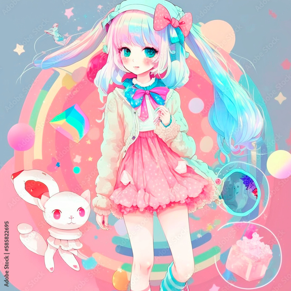 Anime style heroine girl with pet and uniform pastel colors Anime style heroine girl with pet and uniform pastel colors