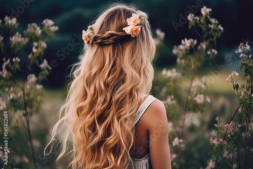 pretty beautiful braiding hairstyle, blond hair bridal bohemian hairstyle in nature landscape, Generative Ai