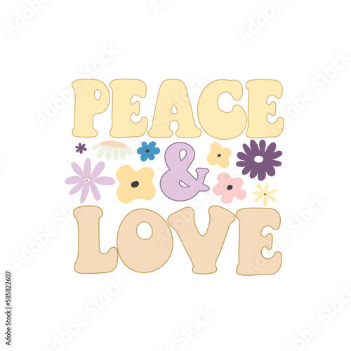 peace and love. Cartoon flowers, hand drawing lettering, décor elements. colorful vector illustration, retro style. design for cards, print, posters, logo, cover