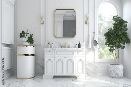Elegant white bathroom interior with marble white countertop with copy space and bathroom appliances product. Generative Ai.