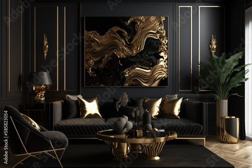 Gold and Black interior design. Generative Ai.