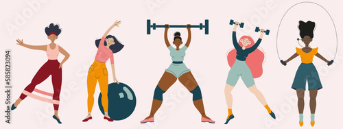 Set of cute girls doing fitness workout. Fitness, Sport center, Healthy lifestyle, Workout concept. Women training. Vector illustration for poster, banner, website, placecard, flyer.