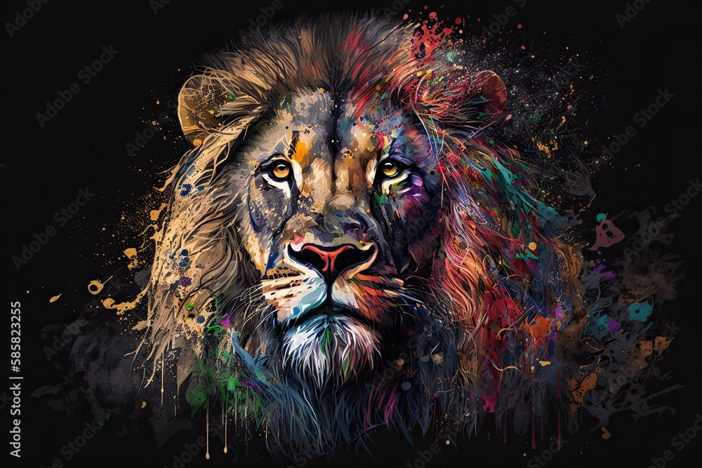 lion head portrait with paint spills generative ai