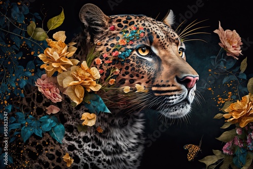 portrait of a leopard made of colorful paints splatters and flowers