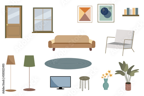 Set of furniture. Interior of modern minimalistic living room. Armchair  bookshelf  sofa  carpet  window  door  tv  home plant  lamp. Flat vector.