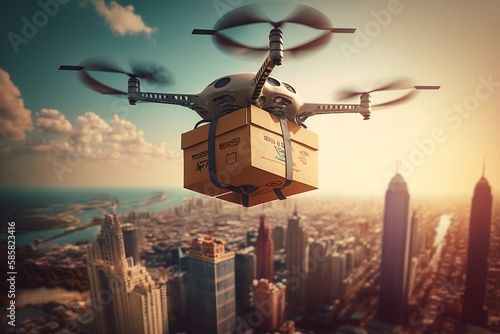 Urban Delivery: A Drone Flying over the City to Deliver Packages, AI Generated