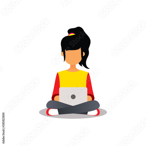Original vector illustration. A girl with a laptop at remote work. Business, work. Design element.
