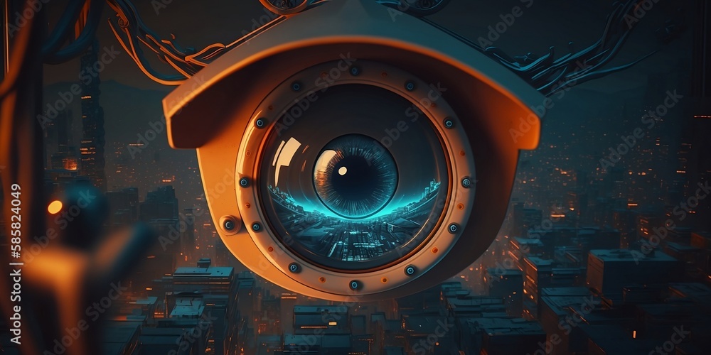 Eye in the Sky: 3D Graphics of CCTV Surveillance in Orange and Blue Tones with AI, AI Generated